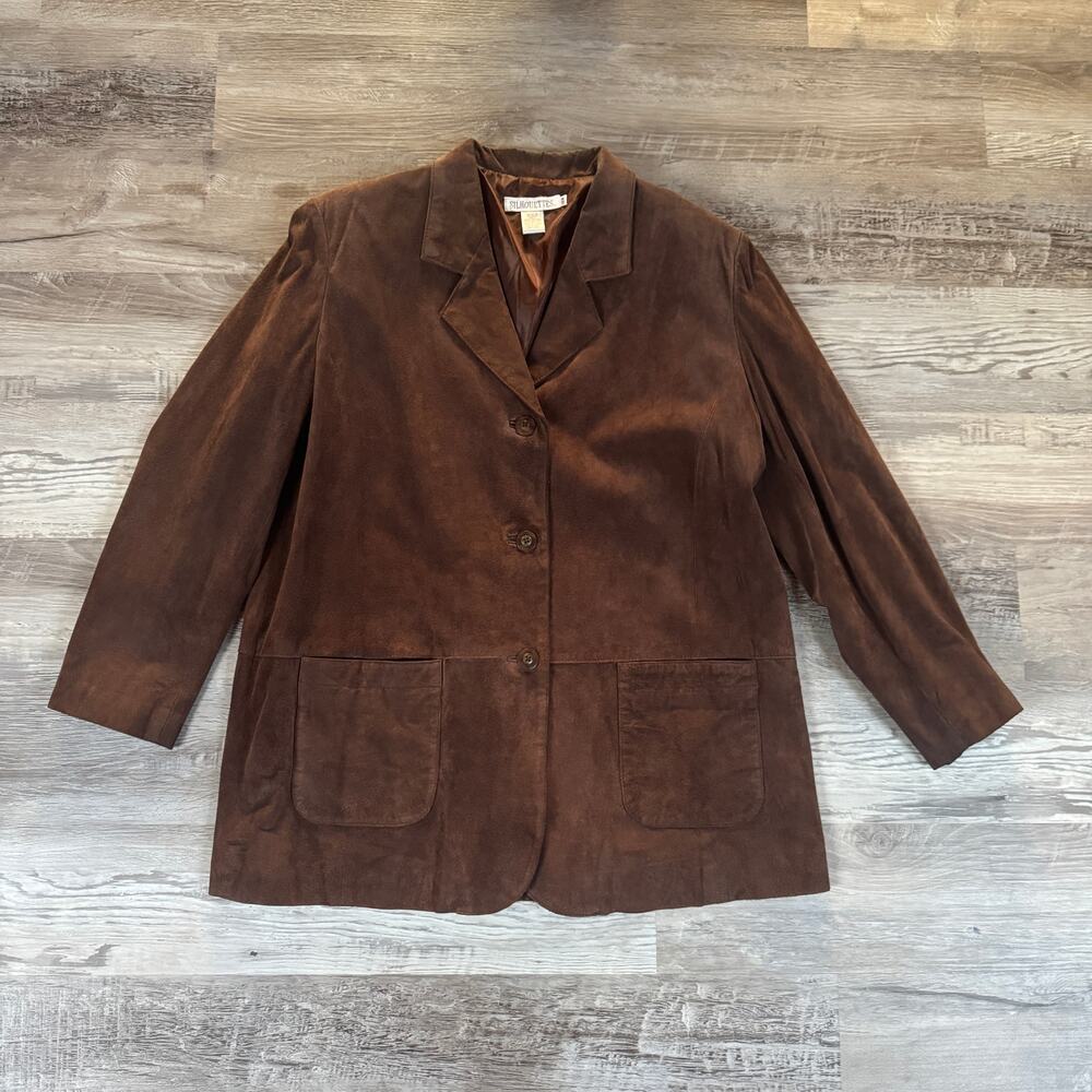 Vintage 90s Brown Suede Leather Blazer Jacket Longline 16W Minimalist Old Money